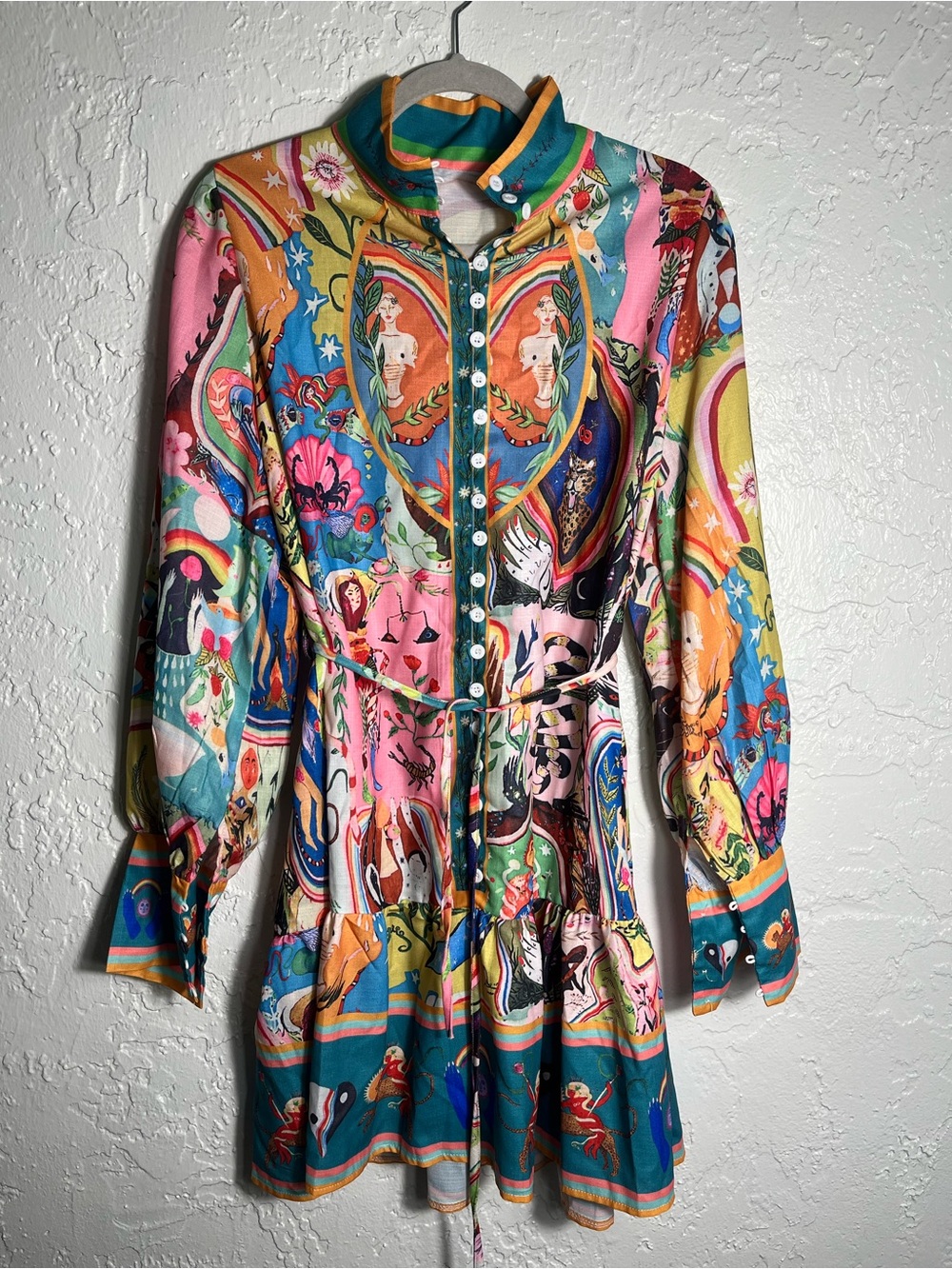Whimsical Art Print Cotton Mini Dress XL Belted Button Front Cottagecore
